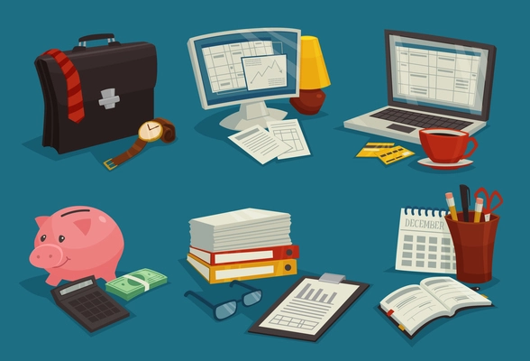 Business cartoon icons set with elements of workplace  isolated vector illustration