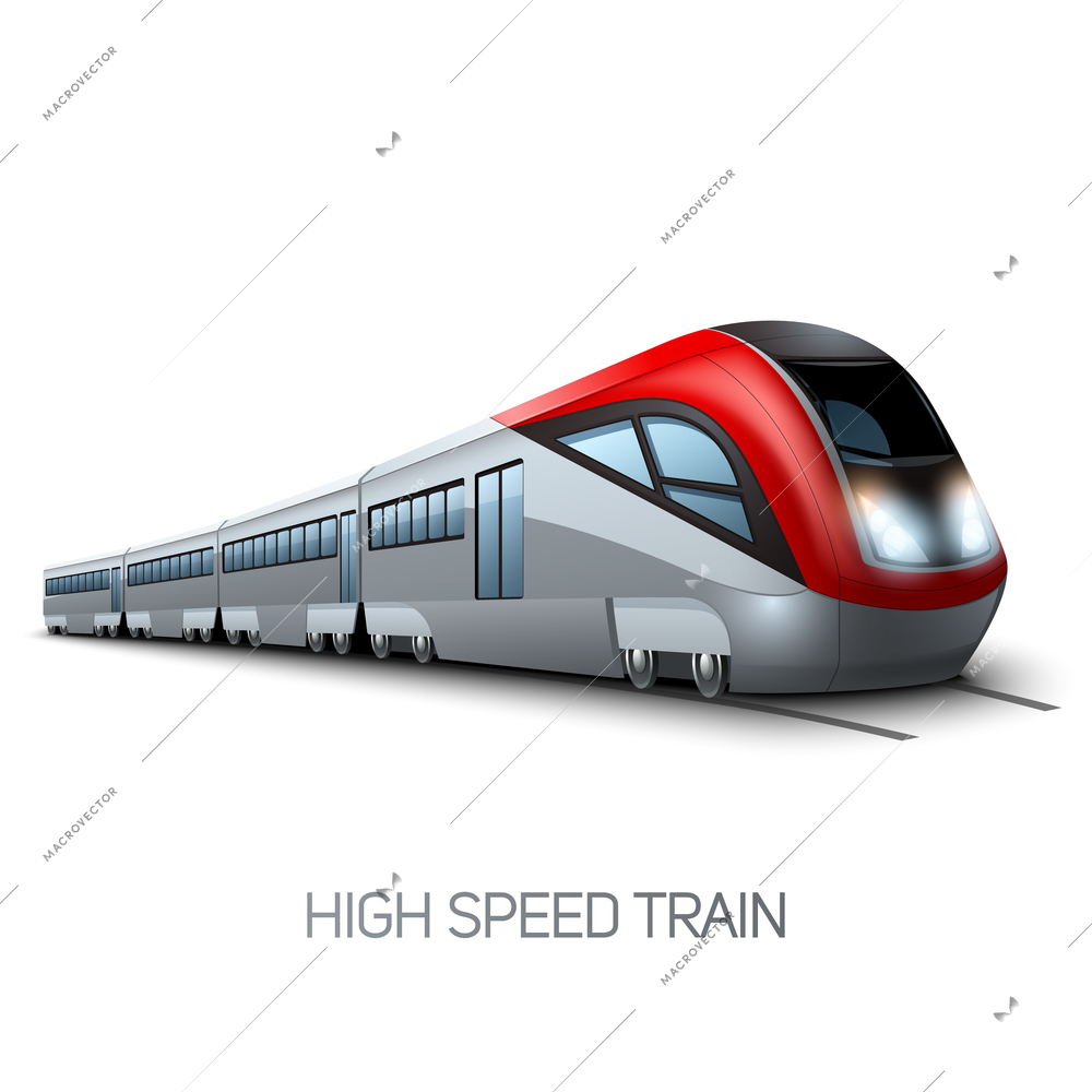 High speed realistic modern train locomotive on railroad vector illustration