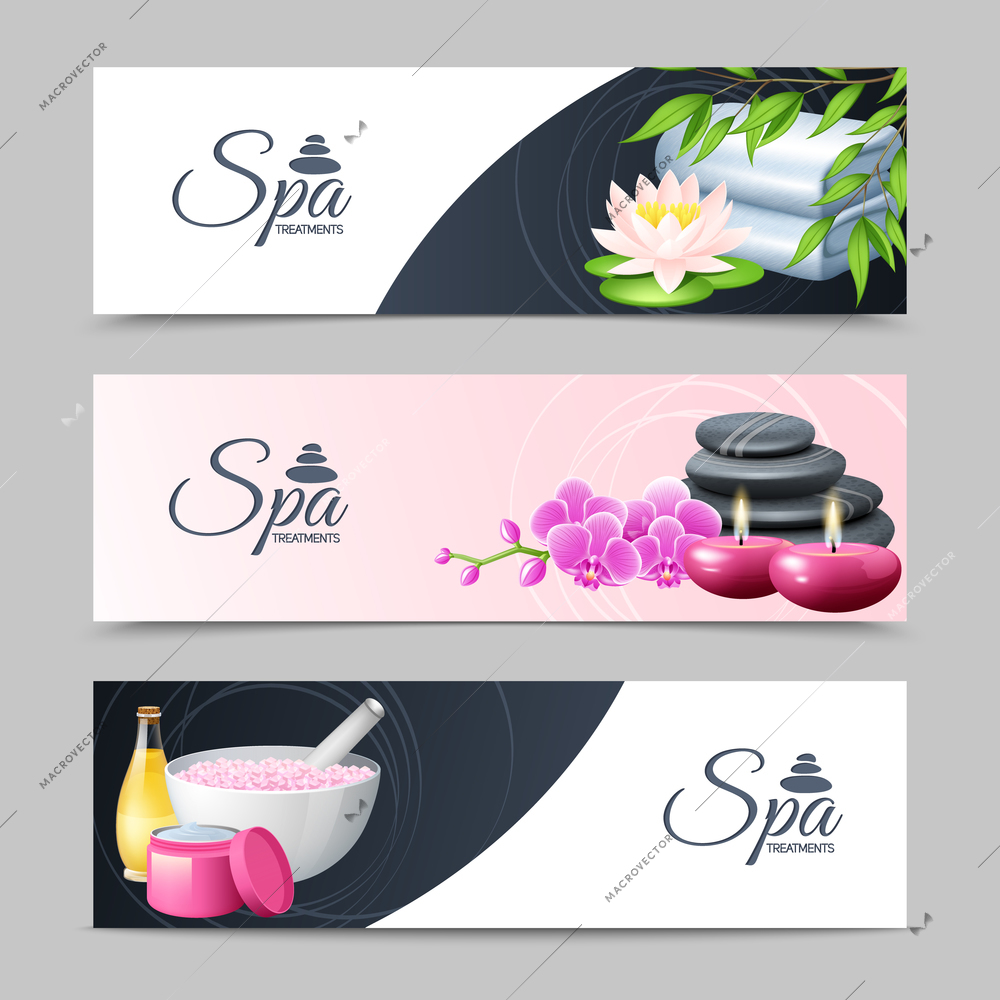 Spa treatment and well being horizontal banner set isolated vector illustration