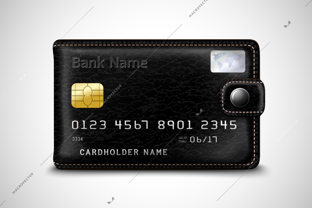 Classic modern black wallet with leather texture as a bank secure plastic credit card with chip concept isolated vector illustration