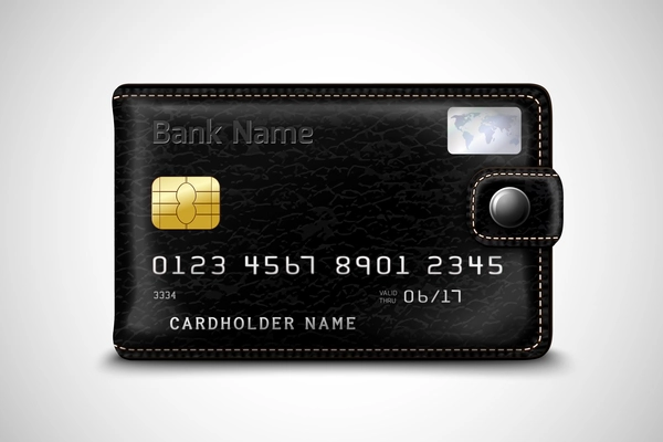 Classic modern black wallet with leather texture as a bank secure plastic credit card with chip concept isolated vector illustration