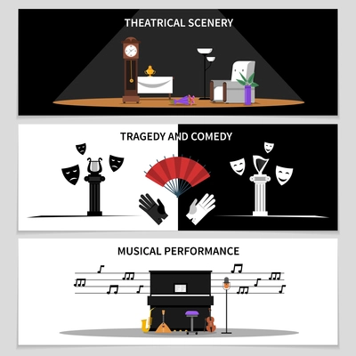 Theatre horizontal banners set with theatrical scenery and musical performance symbols flat isolated vector illustration