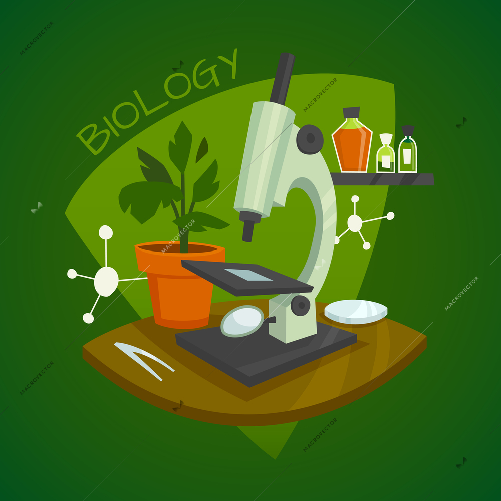 Biology laboratory workspace design concept with microscope houseplant and chemical reagents vector illustration