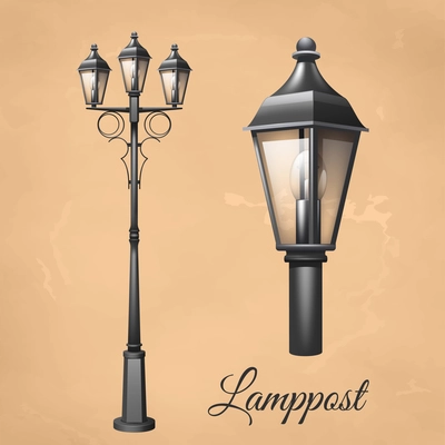 Retro vintage lamp post set with electricity lantern isolated vector illustration