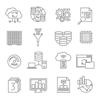 Data analysis analytics conclusions for business optimal strategy software icons set line abstract isolated vector illustration