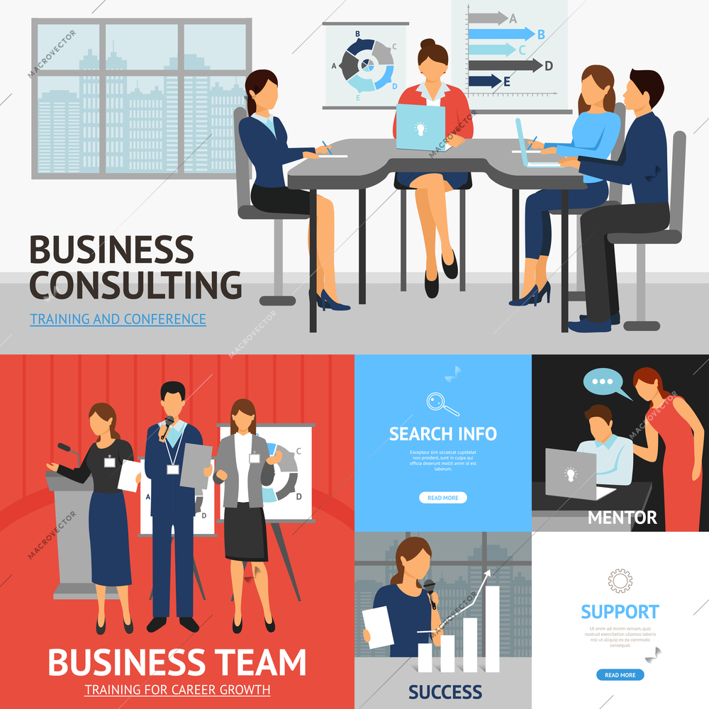Flat banners set of scenes with businessmen and businesswomen in business consulting team and success vector illustration