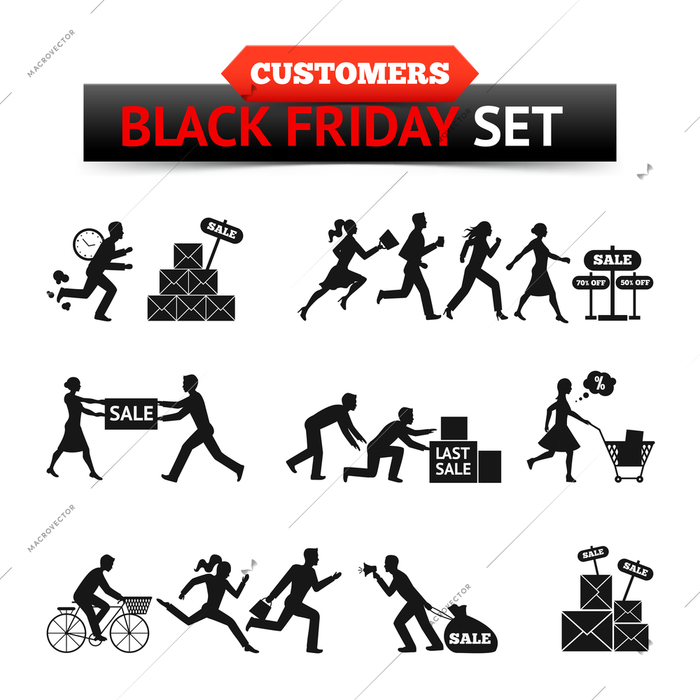 Icons set of customers hurry on black friday sale silhouette flat isolated vector illustration