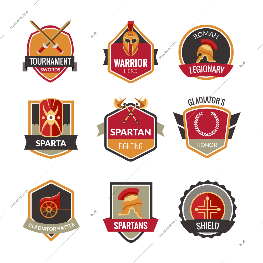 Gladiator emblems set with spartan fighting symbols isolated vector illustration