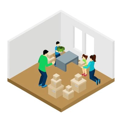 Family moving in with new furniture parents and children isometric vector illustration