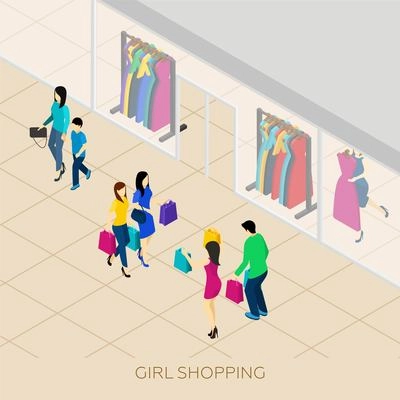 Girl shopping with friends and boyfriend in a shopping center isometric vector illustration