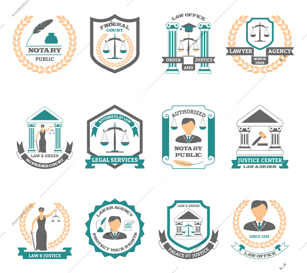 Lawyer logo set with legal services court and justice symbols flat isolated vector illustration