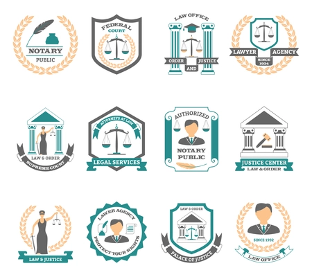 Lawyer logo set with legal services court and justice symbols flat isolated vector illustration