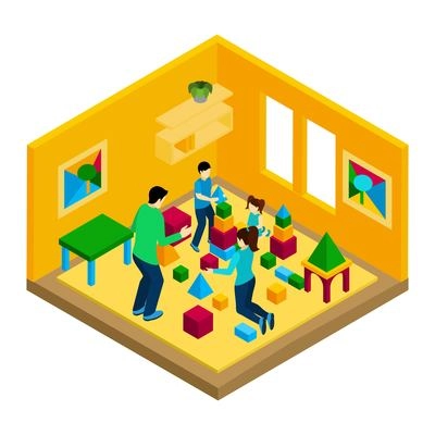 Family playing in the room with parents and children isometric vector illustration