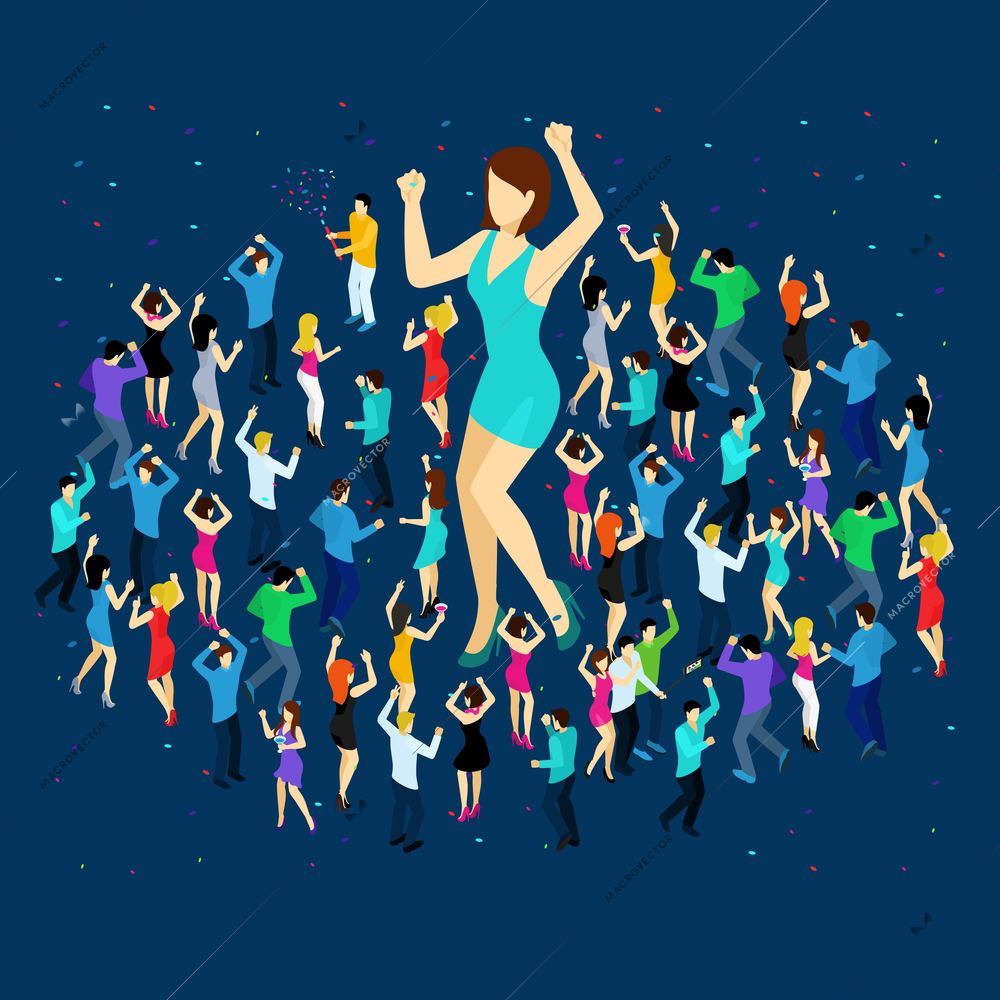 Dancing people isometric concept with men and women on blue background vector illustration