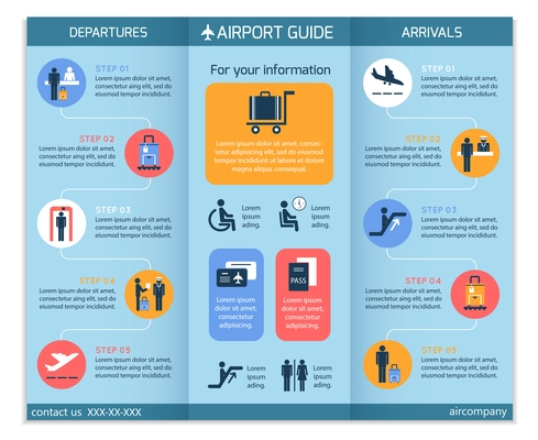 Airport business infographic brochure template with security check workflow steps vector illustration