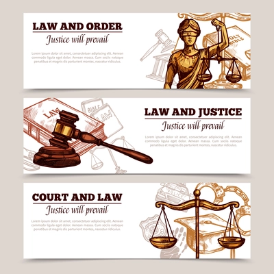 Horizontal banners on theme of rule of law with figure of Themis scales and hammer vector illustration