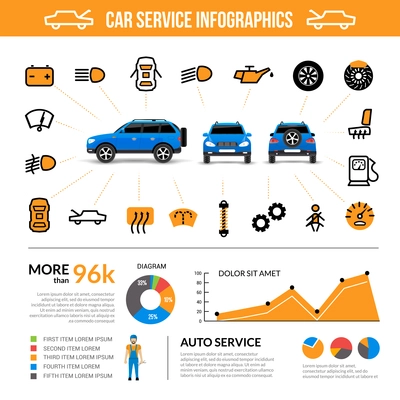 Car service infographic set with auto maintenance symbols flat vector illustration