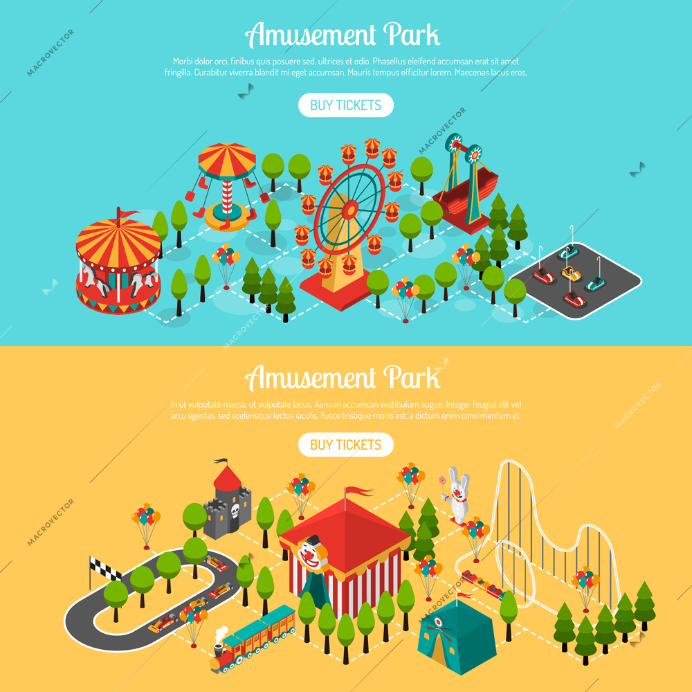 Amusement park 2 isometric interactive horizontal banners set with buy tickets online button abstract isolated vector illustration