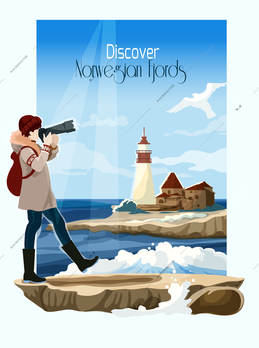 Norwegian fjord seascape poster with lighthouse on background vector illustration