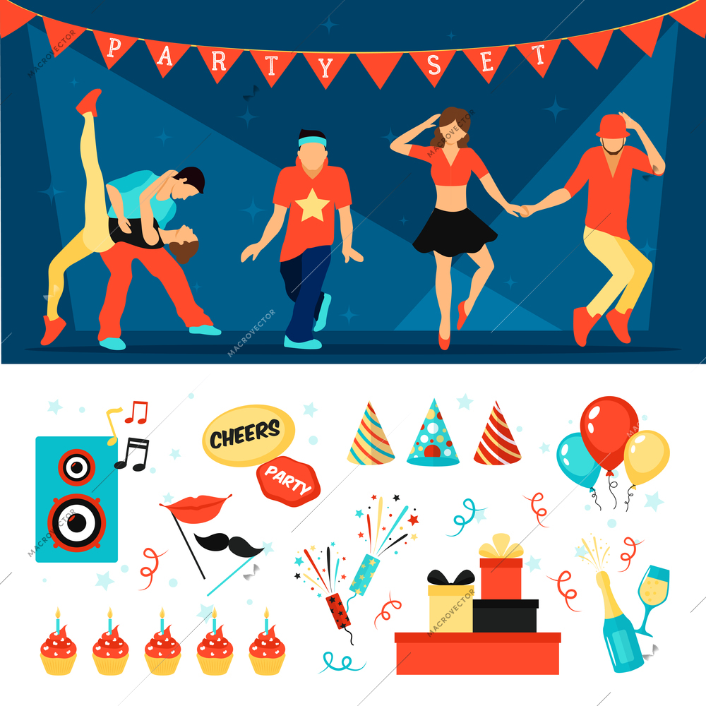 Party horizontal banner set with dancing people flat isolated vector illustration