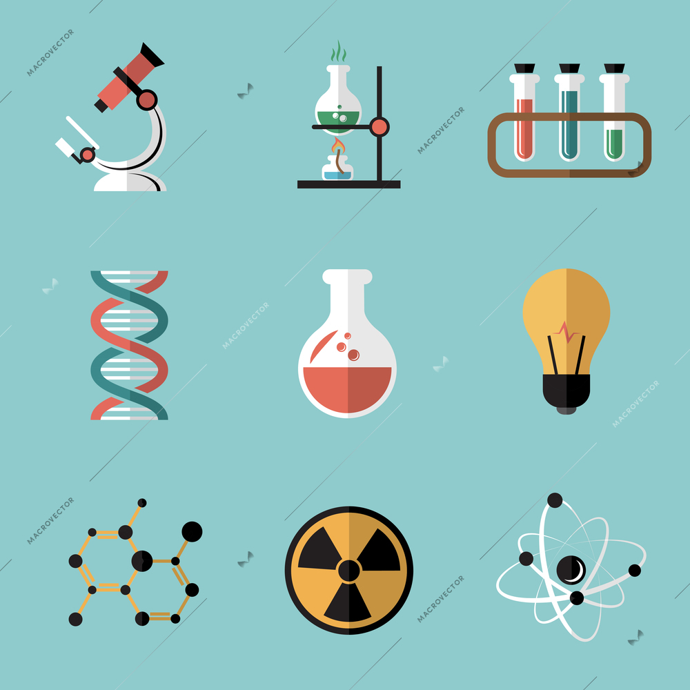 Chemistry bio technology science flat icons set of molecule nuclear power and microscope for school education isolated vector illustration