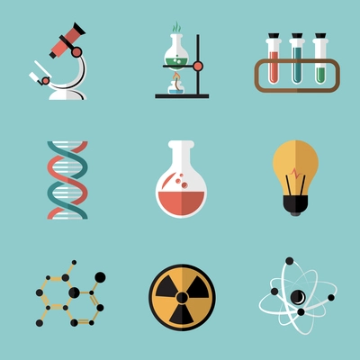 Chemistry bio technology science flat icons set of molecule nuclear power and microscope for school education isolated vector illustration