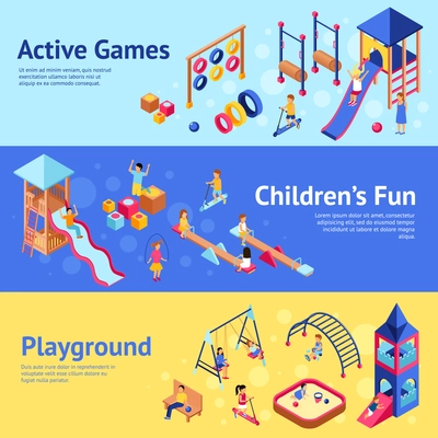 Playground horizontal banner set with isometric children playing active games isometric vector illustration