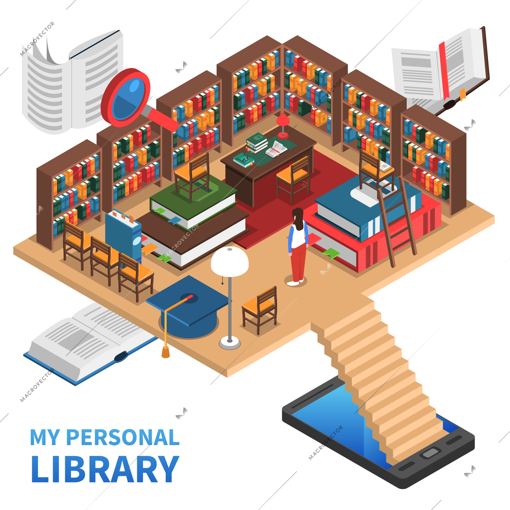 Personal library isometric concept with lots of books and bookshelves vector illustration