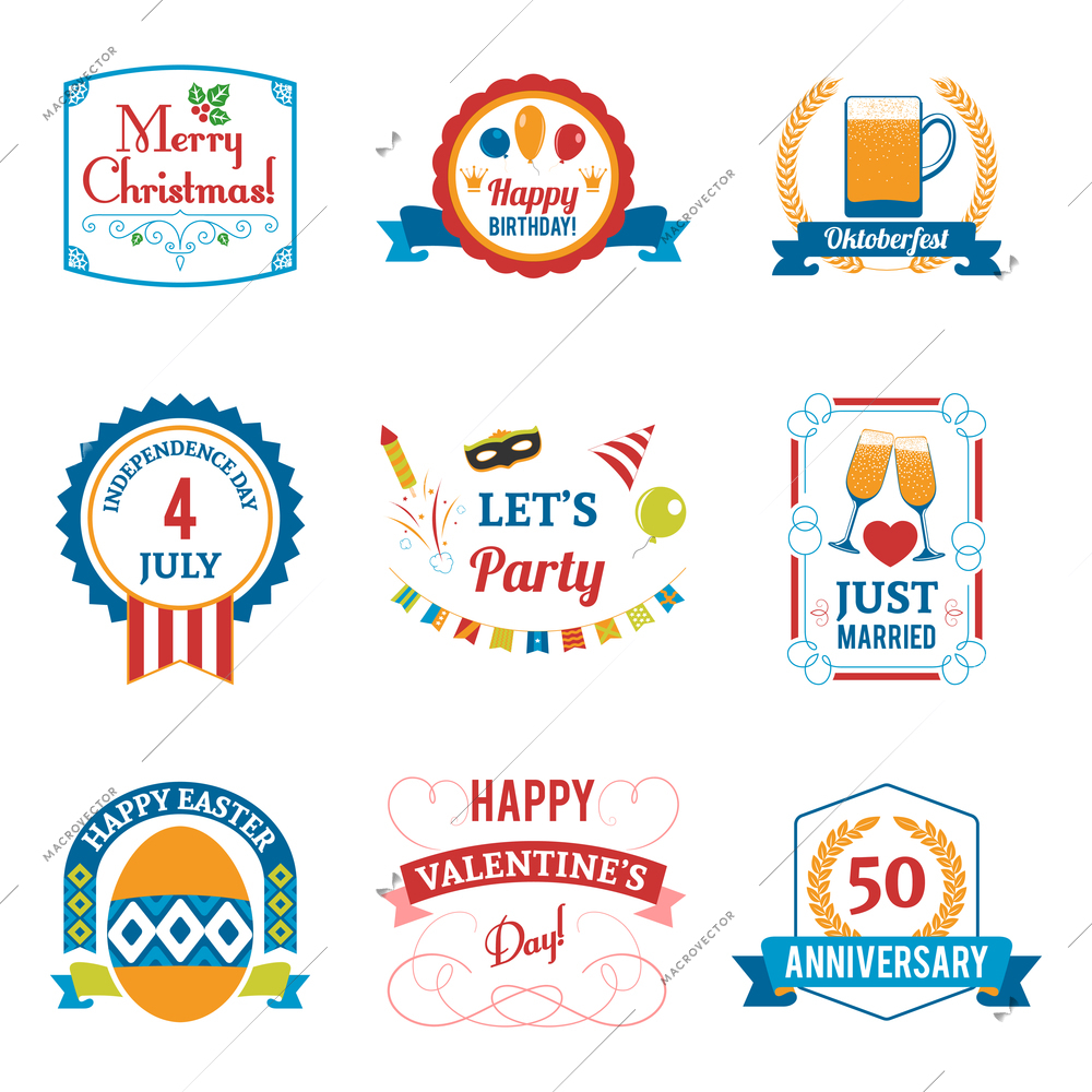 Holiday celebration emblems set with birthday Christmas and Easter symbols flat isolated vector illustration