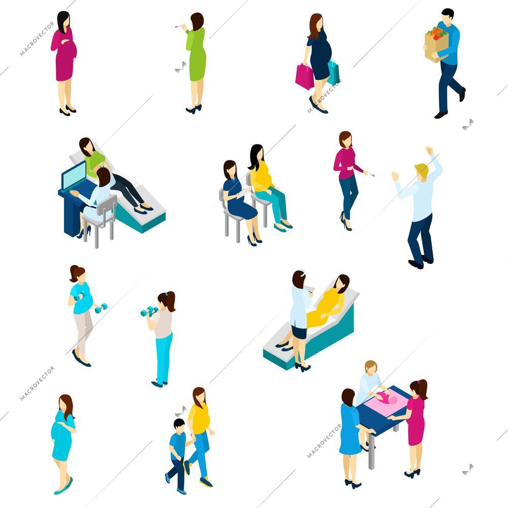 Pregnancy test symptoms diet and exercising isometric icons collection with echo scan and family live isolated vector illustration