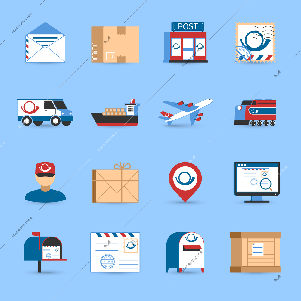 Post icons set with plane train and truck transportation symbols on blue background flat isolated vector illustration