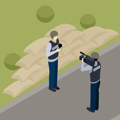 Journalist reporter and professional cameraman operator outdoor in the countryside at work isometric banner abstract vector illustration