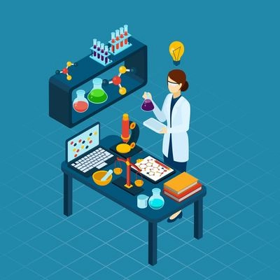 Scientific research in molecular biology or chemistry with professional woman in laboratory at work abstract isometric vector illustration