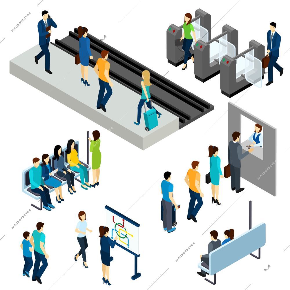 Metro underground station isometric icons composition poster with  passengers entering platform through the ticket barrier abstract vector illustration