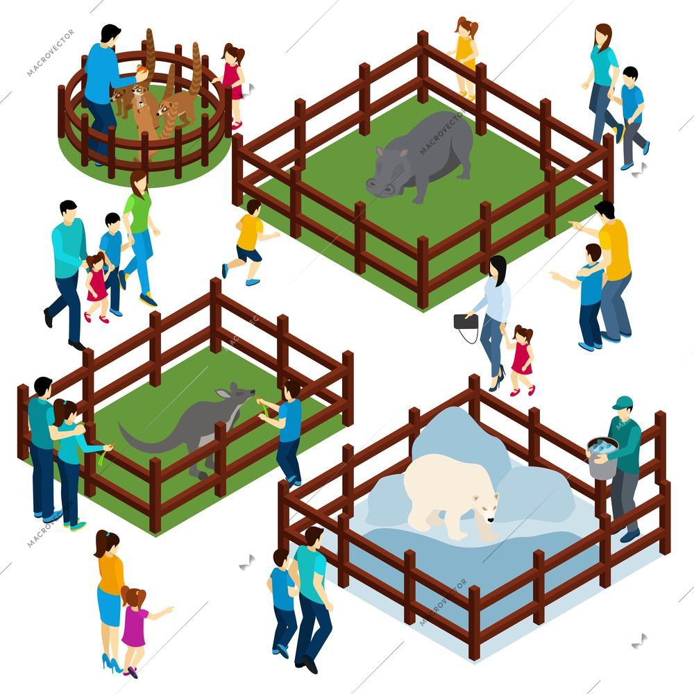 Outdoor zoo park with wild animals in open enclosures and visitors isometric composition banner abstract vector illustration