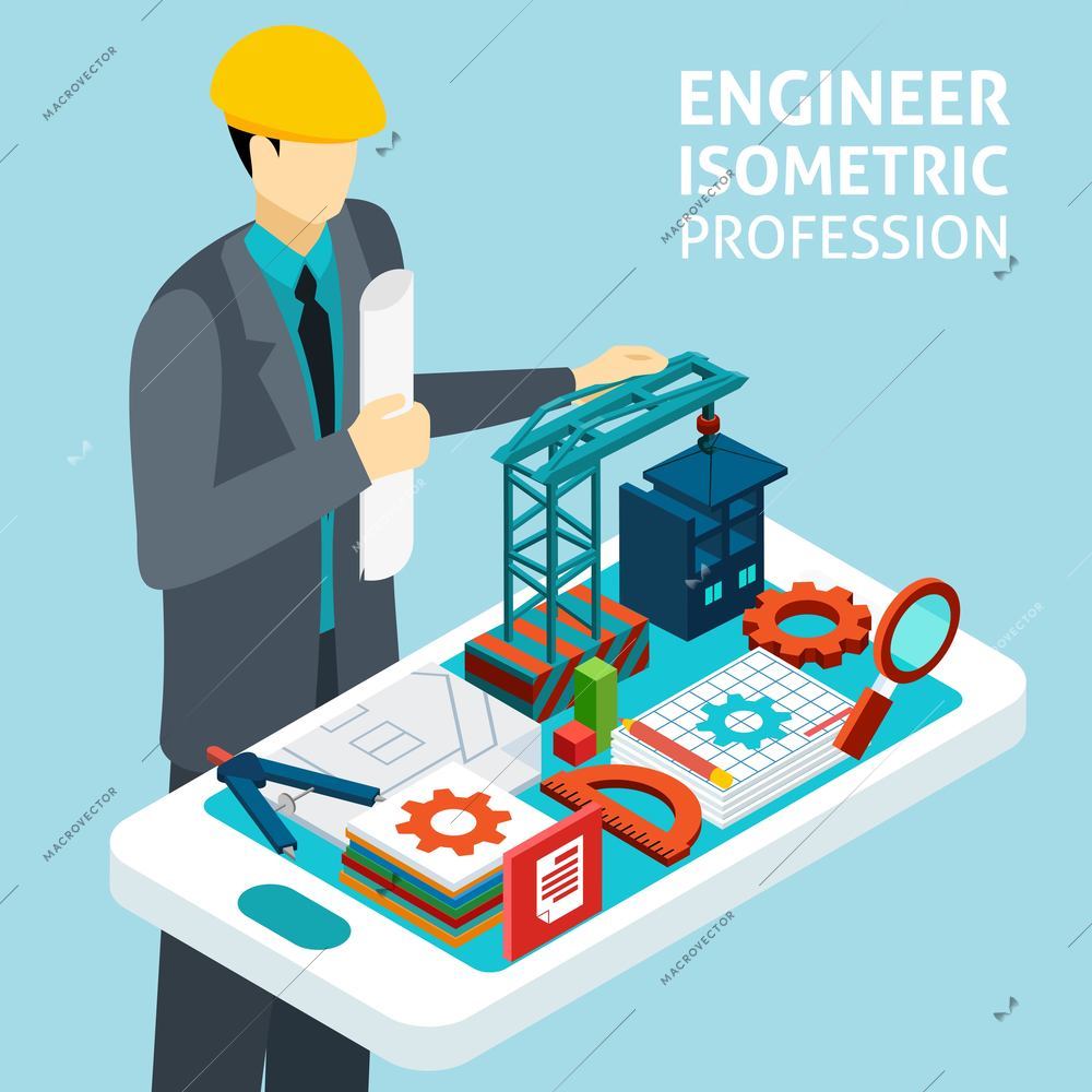 Construction engineer in helmet with architectural buildings model and technical drawing plan isometric banner abstract vector illustration