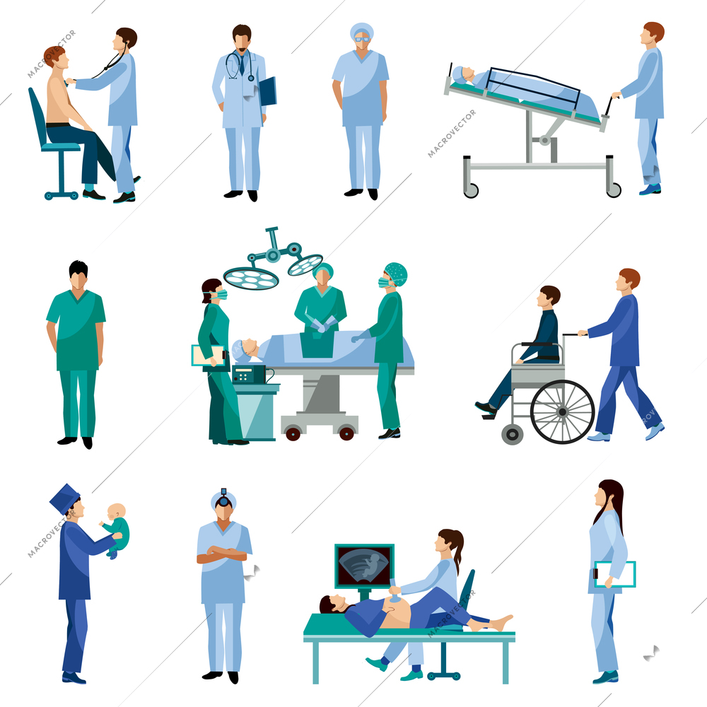 Medical professionals at work in operation room flat icons set with obstetrician surgeon abstract isolated vector illustration