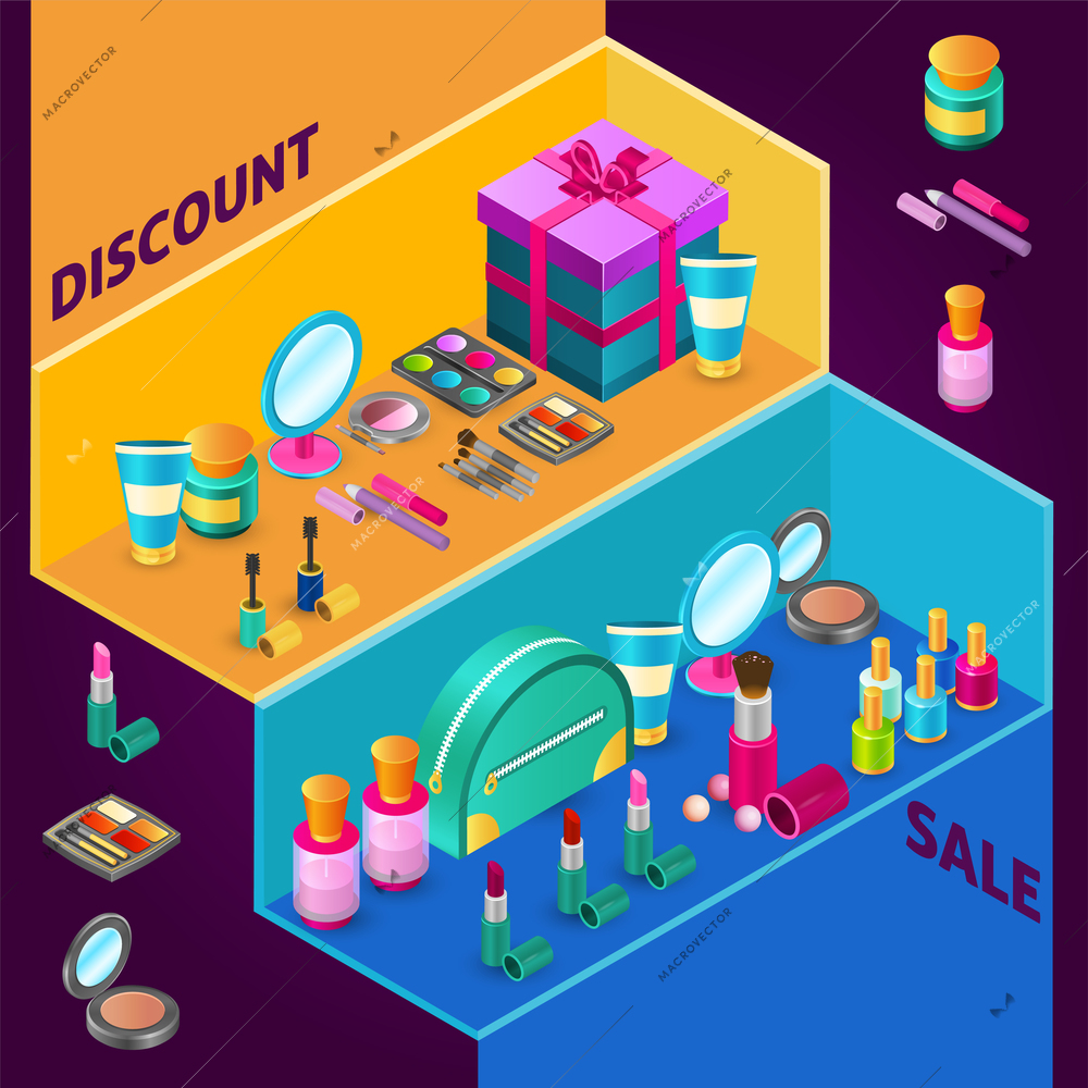 Isometric cosmetics design composition for sale with makeup products and gift box vector illustration