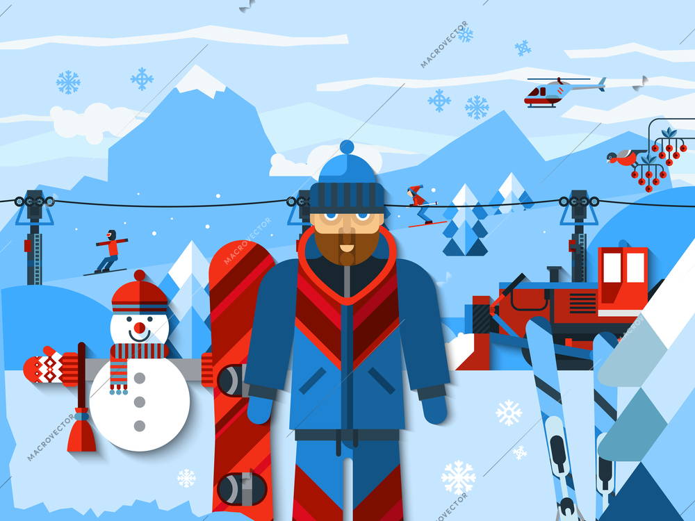 Skiing concept flat color composition with skier in uniform at ski resort winter landscape with mountains helicopter and ski lifts vector illustration