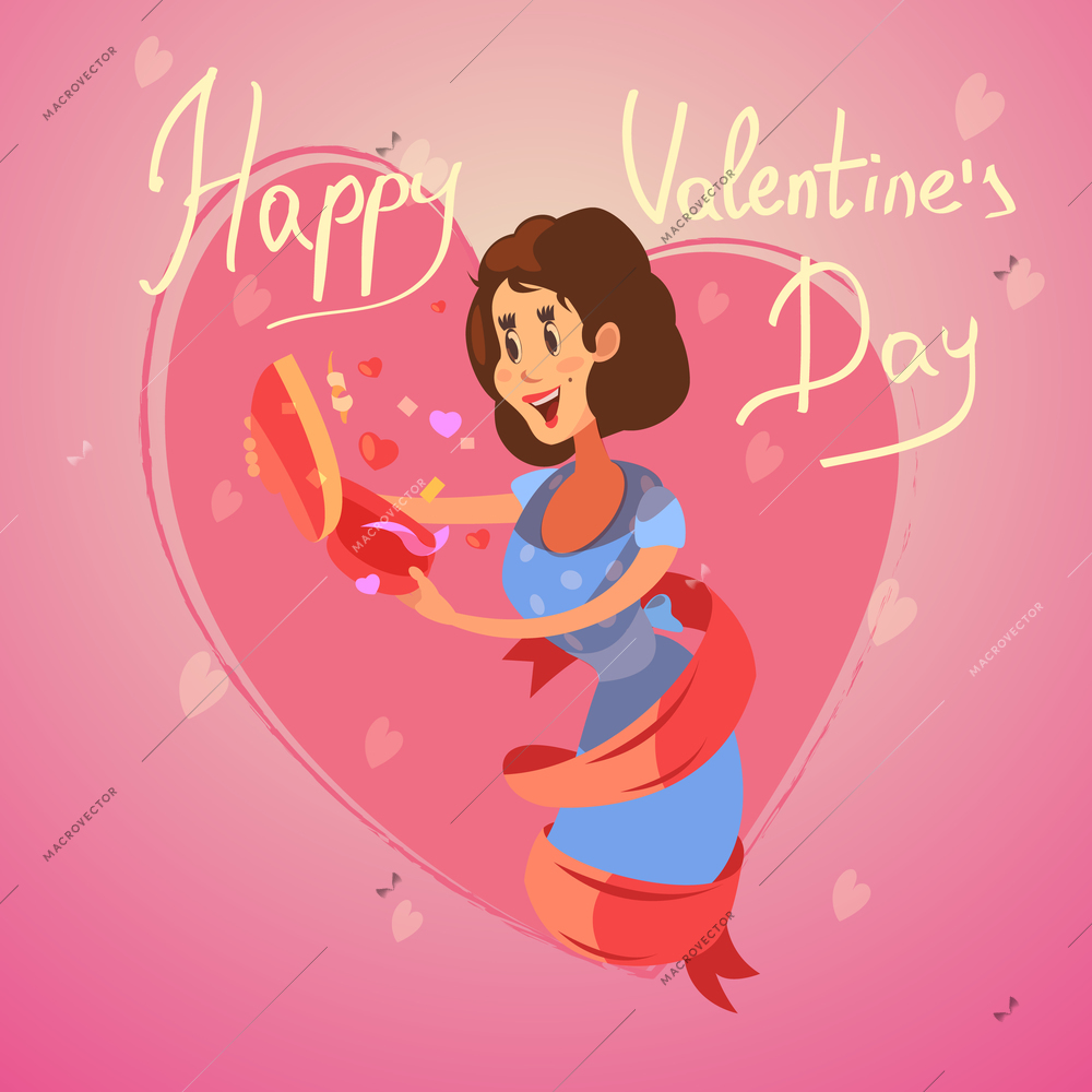 Valentine day retro cartoon card with happy firl opening the gift box vector illustration