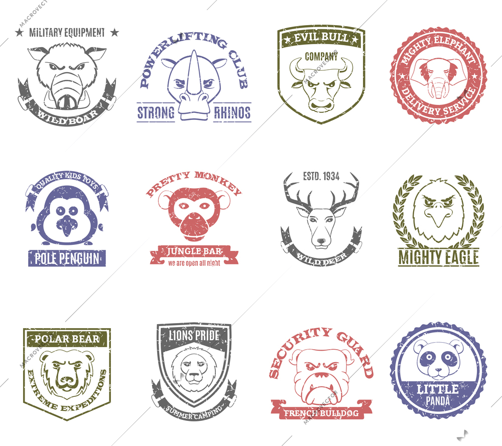 Wild animal stamps set with pretty monkey bar and lions pride summer camping symbols flat isolated vector illustration