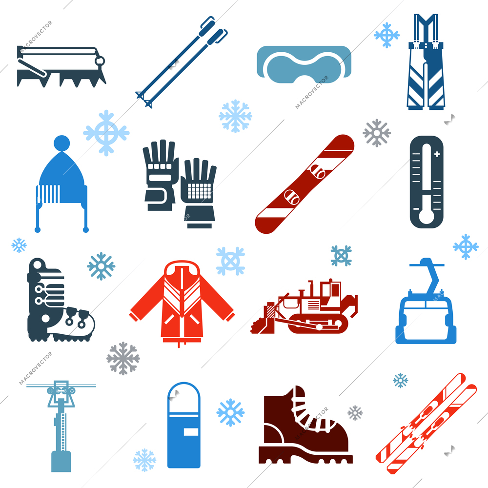 Flat monochrome skiing icons set of ski and snowboard outfit with ski lift and snow removal equipment on white background with snowflakes isolated vector illustration