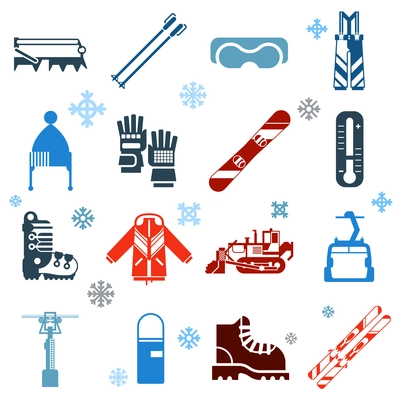 Flat monochrome skiing icons set of ski and snowboard outfit with ski lift and snow removal equipment on white background with snowflakes isolated vector illustration