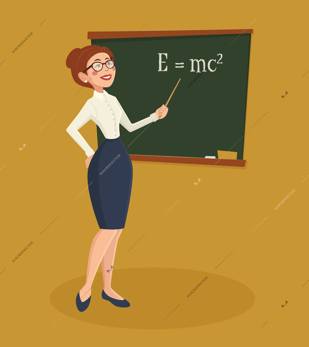 Teacher formally dressed woman with blackboard chalk and pointer cartoon vector illustration