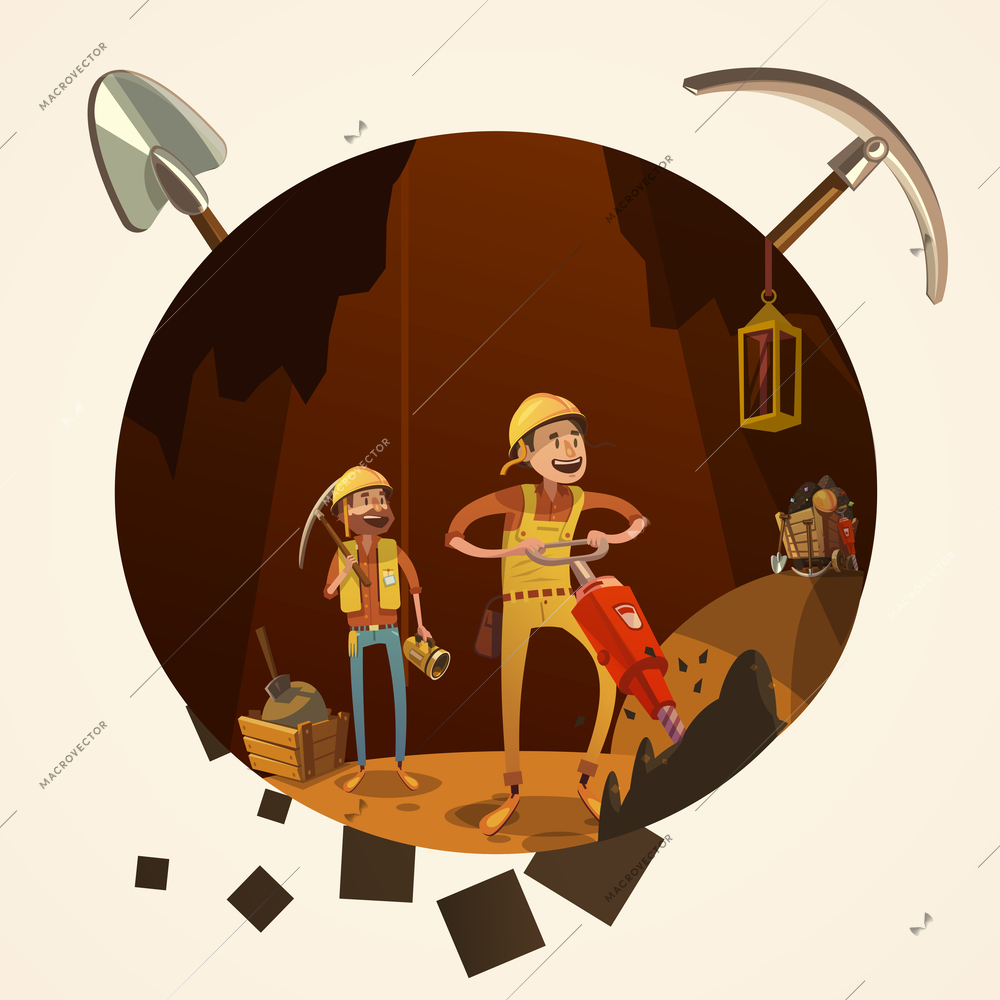 Mining concept with manual workers in mine with drilling tools cartoon retro style vector illustration