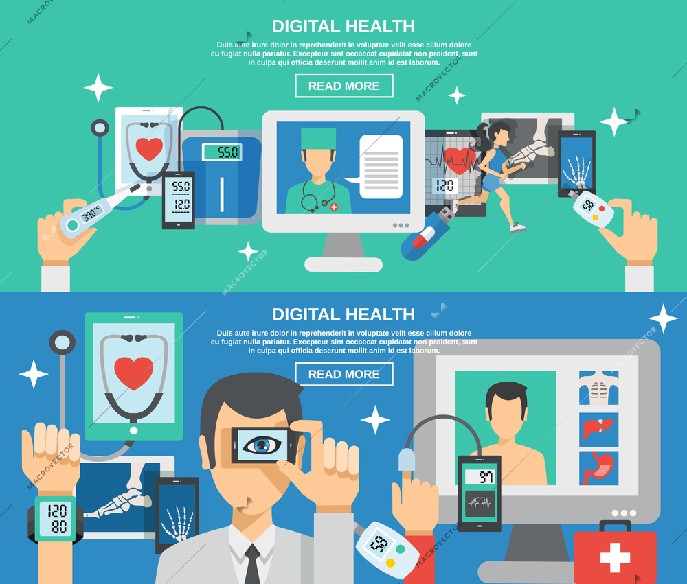 Digital health horizontal banner set with mobile medicine elements isolated vector illustration
