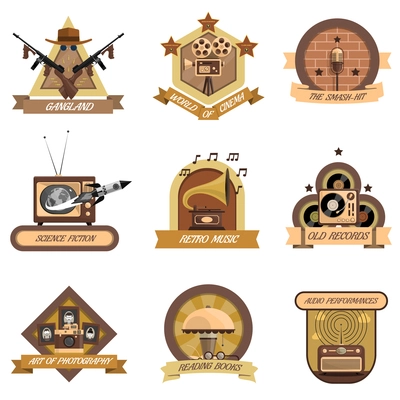 Retro emblems set with world of cinema and old records symbols flat isolated vector illustration