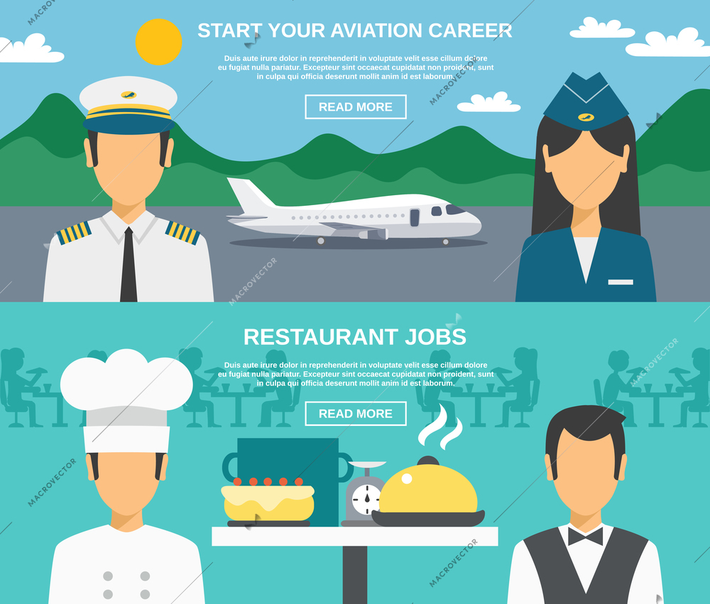 Profession horizontal banner set with pilot cook chef stewardess isolated vector illustration