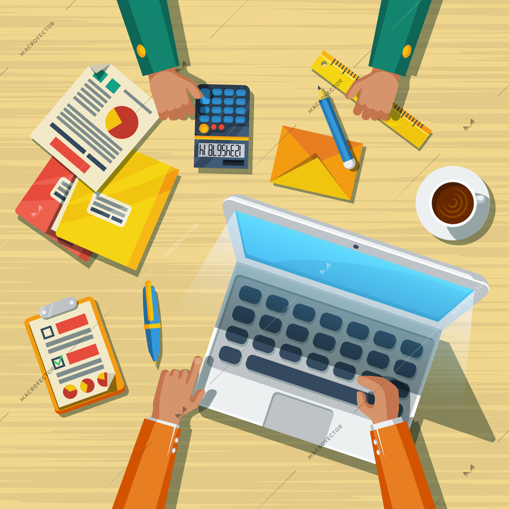 Business team meeting working moment with notepad tablet computer and long hands flat poster abstract vector illustration
