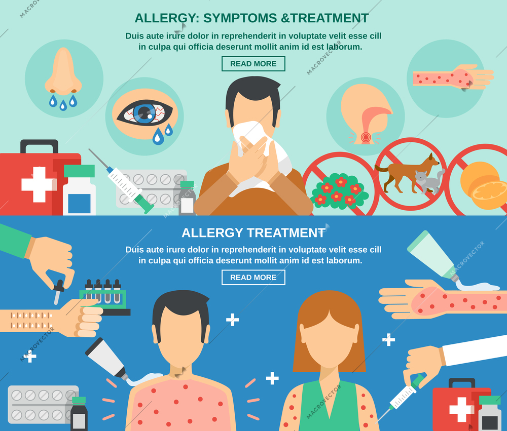 Allergy horizontal banner set with symptoms and treatment isolated vector illustration